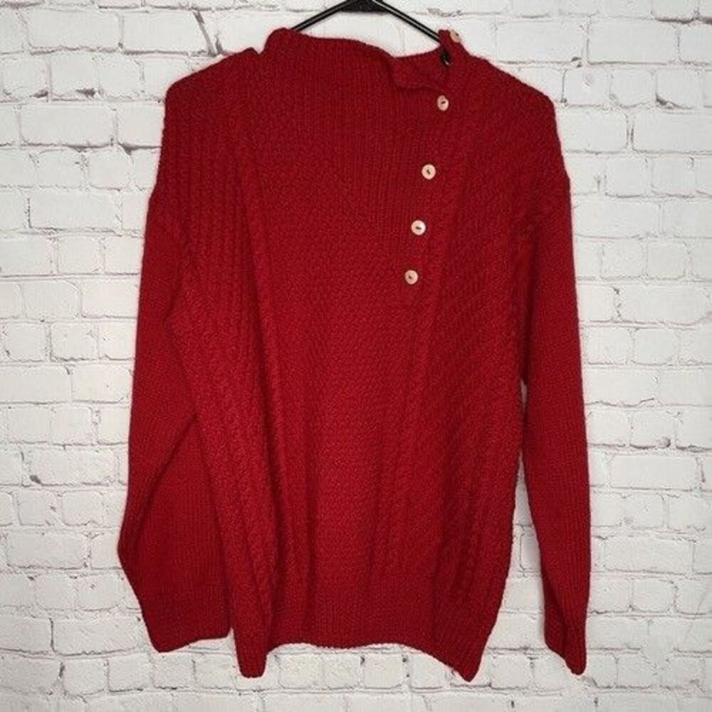 South Wool Red Wool Hand Knit Long Sleeves Button Accent Sweater Women Size L
